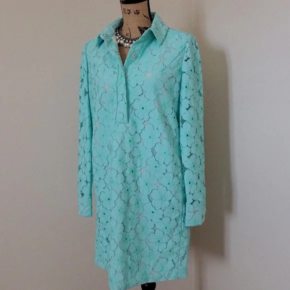 Diane von Furstenberg Turquoise Blue Floral Lace Leandra Shift Dress Size 6 - Picture 3 of 8